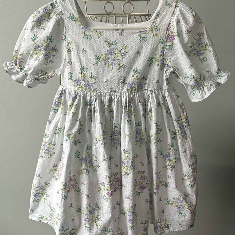 Janie and Jack White Floral Puff-Sleeve Dress with Purple and Green Accents